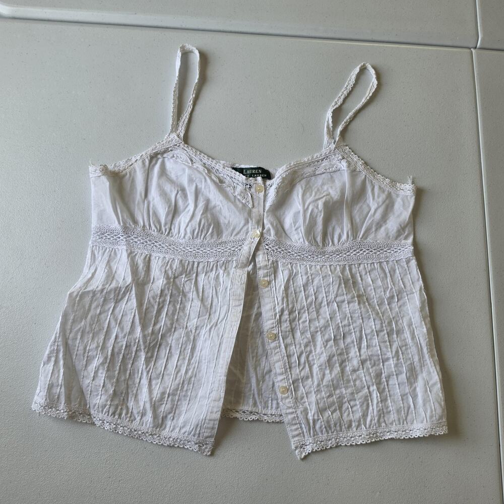 Y2K Lauren Ralph Lauren Tank Top Womens Medium White Cottagecore Lace Cami